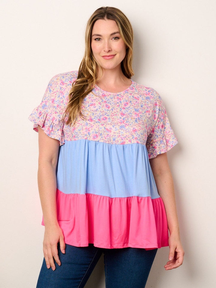 WOMEN'S SHORT SLEEVE TIERED COLORBLOCK TUNIC TOP (Copy)
