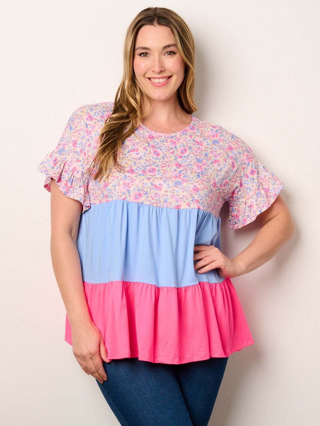 WOMEN'S SHORT SLEEVE TIERED COLORBLOCK TUNIC TOP (Copy)