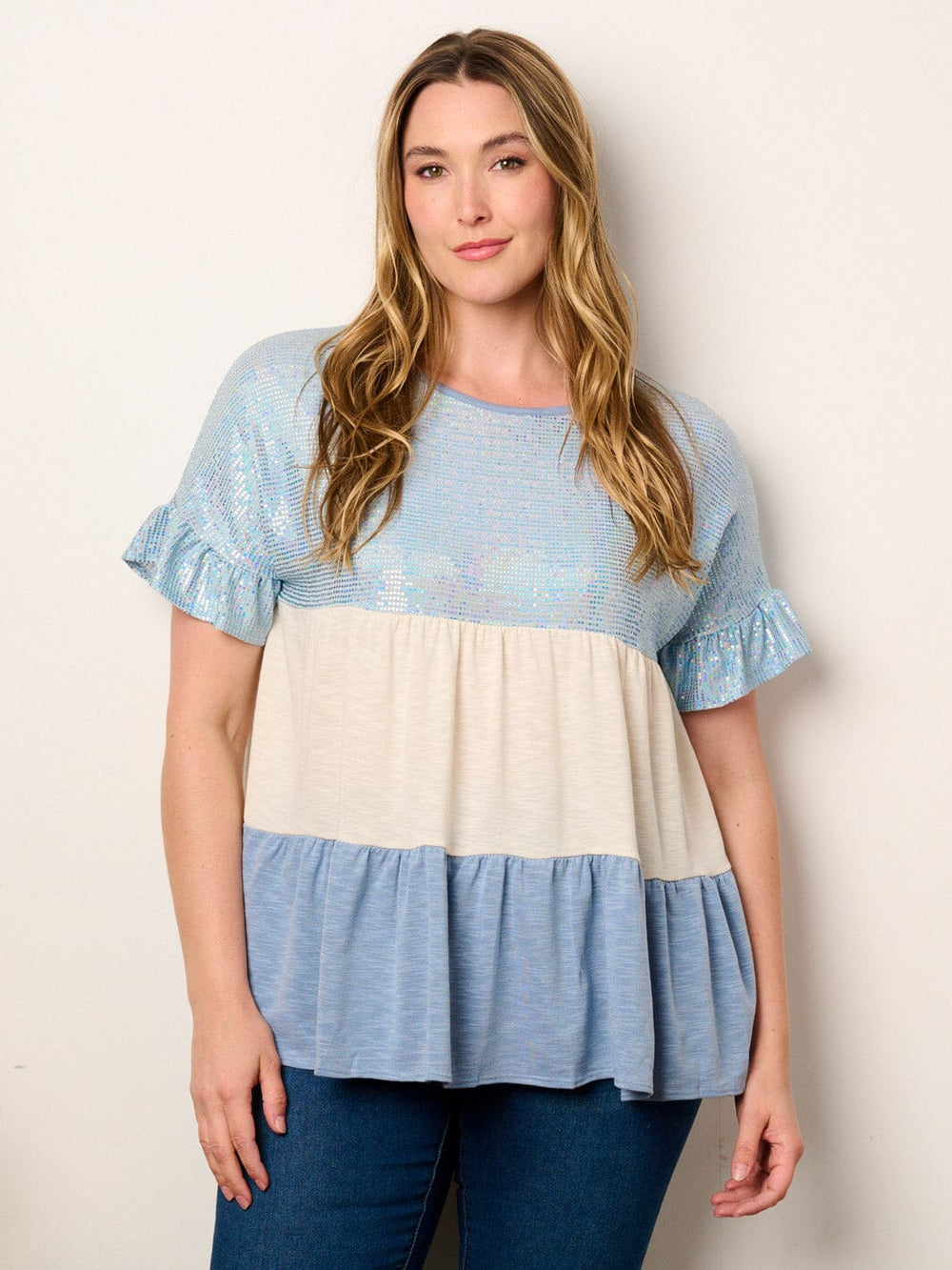 PLUS SIZE SHORT SLEEVE TIERED COLORBLOCK TUNIC SEQUINS TOP