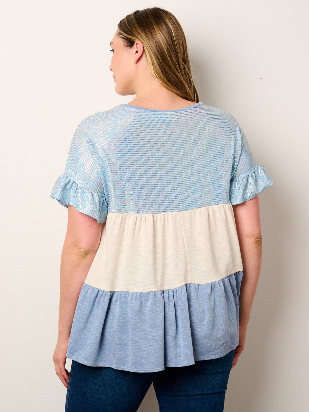 PLUS SIZE SHORT SLEEVE TIERED COLORBLOCK TUNIC SEQUINS TOP