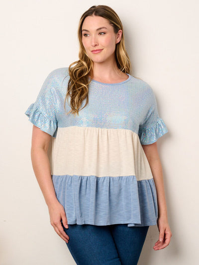 PLUS SIZE SHORT SLEEVE TIERED COLORBLOCK TUNIC SEQUINS TOP