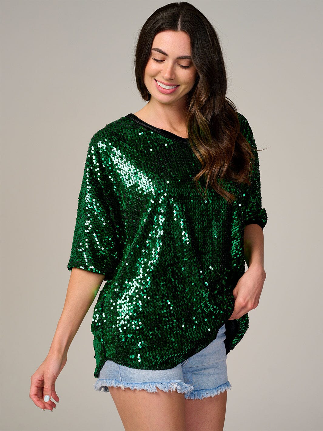 WOMEN'S SHORT SLEEVE V-NECK SEQUINS TUNIC BLOUSE