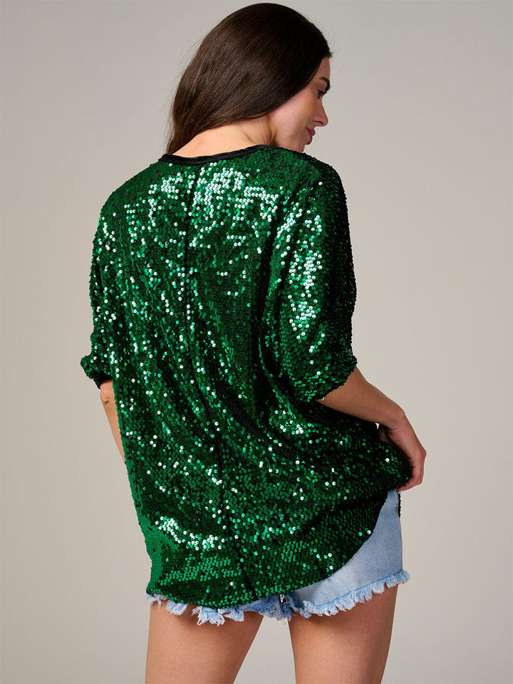 WOMEN'S SHORT SLEEVE V-NECK SEQUINS TUNIC BLOUSE