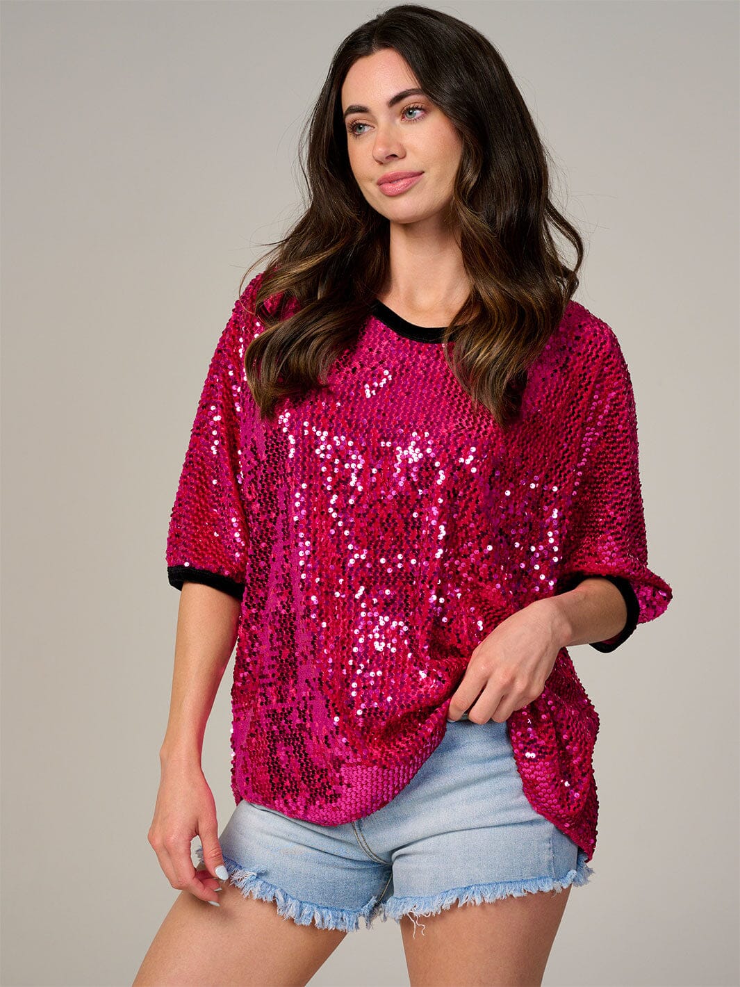 WOMEN'S SHORT SLEEVE V-NECK SEQUINS TUNIC BLOUSE