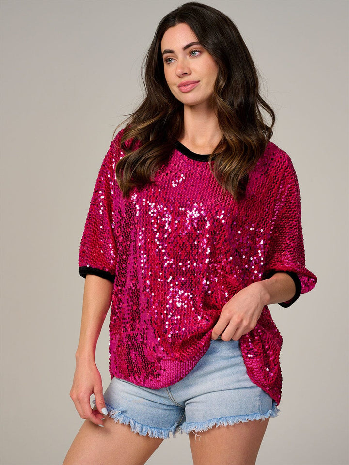 WOMEN'S SHORT SLEEVE V-NECK SEQUINS TUNIC BLOUSE