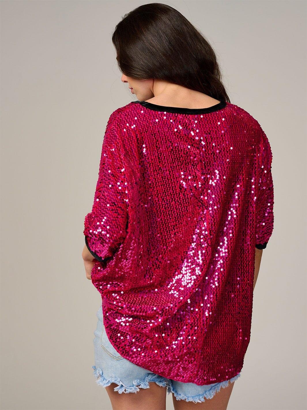 WOMEN'S SHORT SLEEVE V-NECK SEQUINS TUNIC BLOUSE
