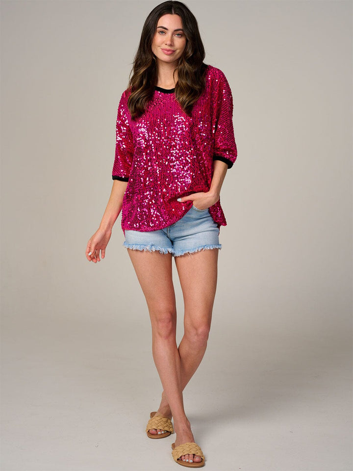 WOMEN'S SHORT SLEEVE V-NECK SEQUINS TUNIC BLOUSE
