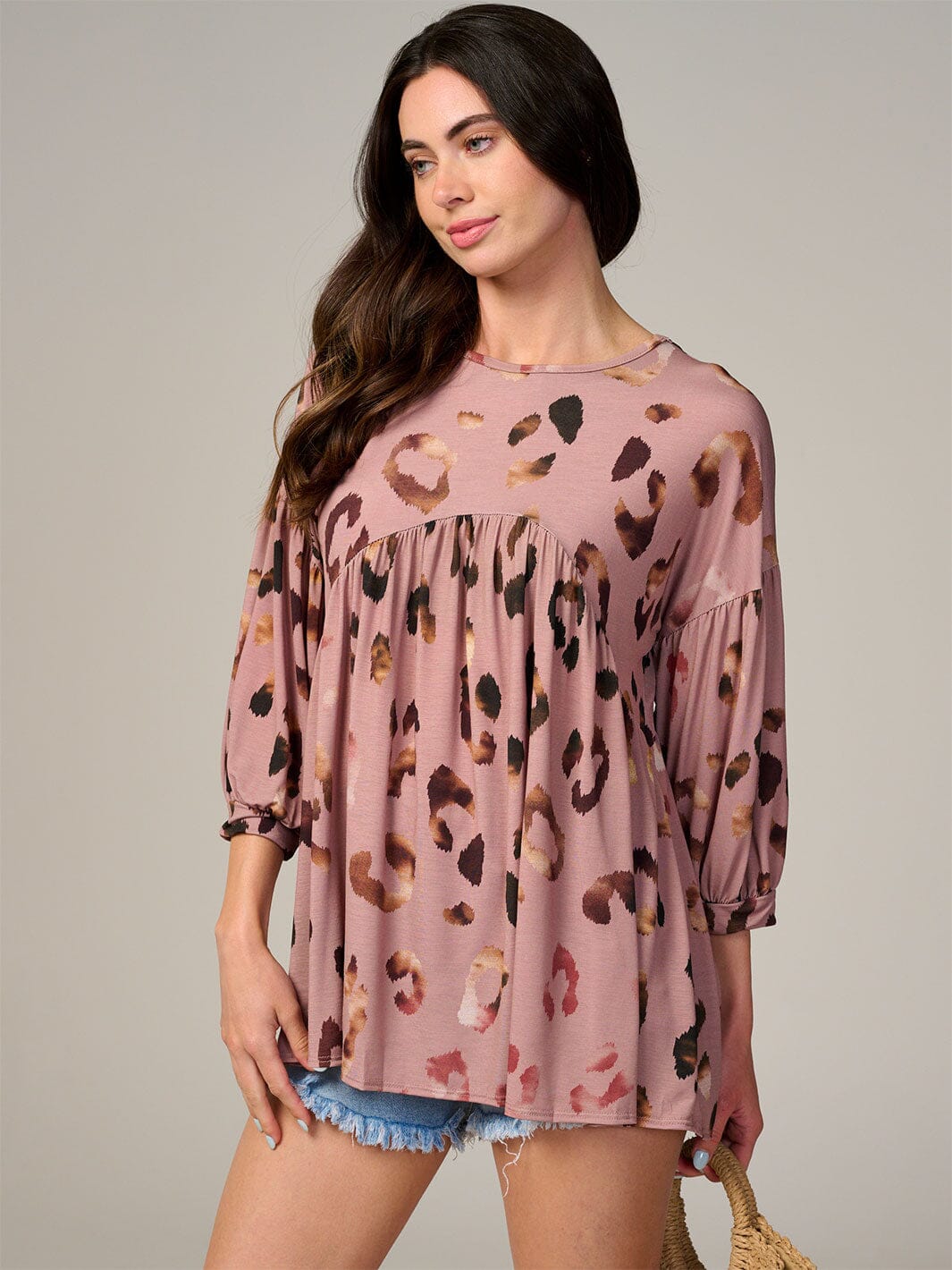 WOMEN'S 3/4 SLEEVE ANIMAL PRINT TUNIC BLOUSE