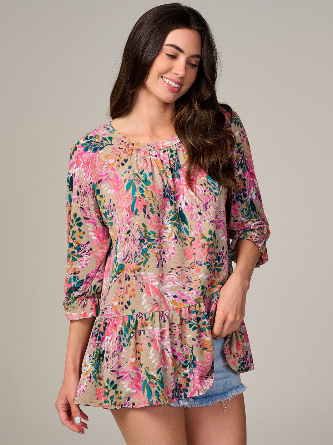 WOMEN'S 3/4 SLEEVE FLORAL PRINT TUNIC BLOUSE