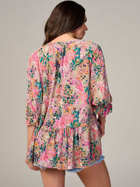 WOMEN'S 3/4 SLEEVE FLORAL PRINT TUNIC BLOUSE