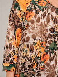 WOMEN'S 3/4 SLEEVE V-NECK ANIMAL PRINT FLORAL TUNIC BLOUSE