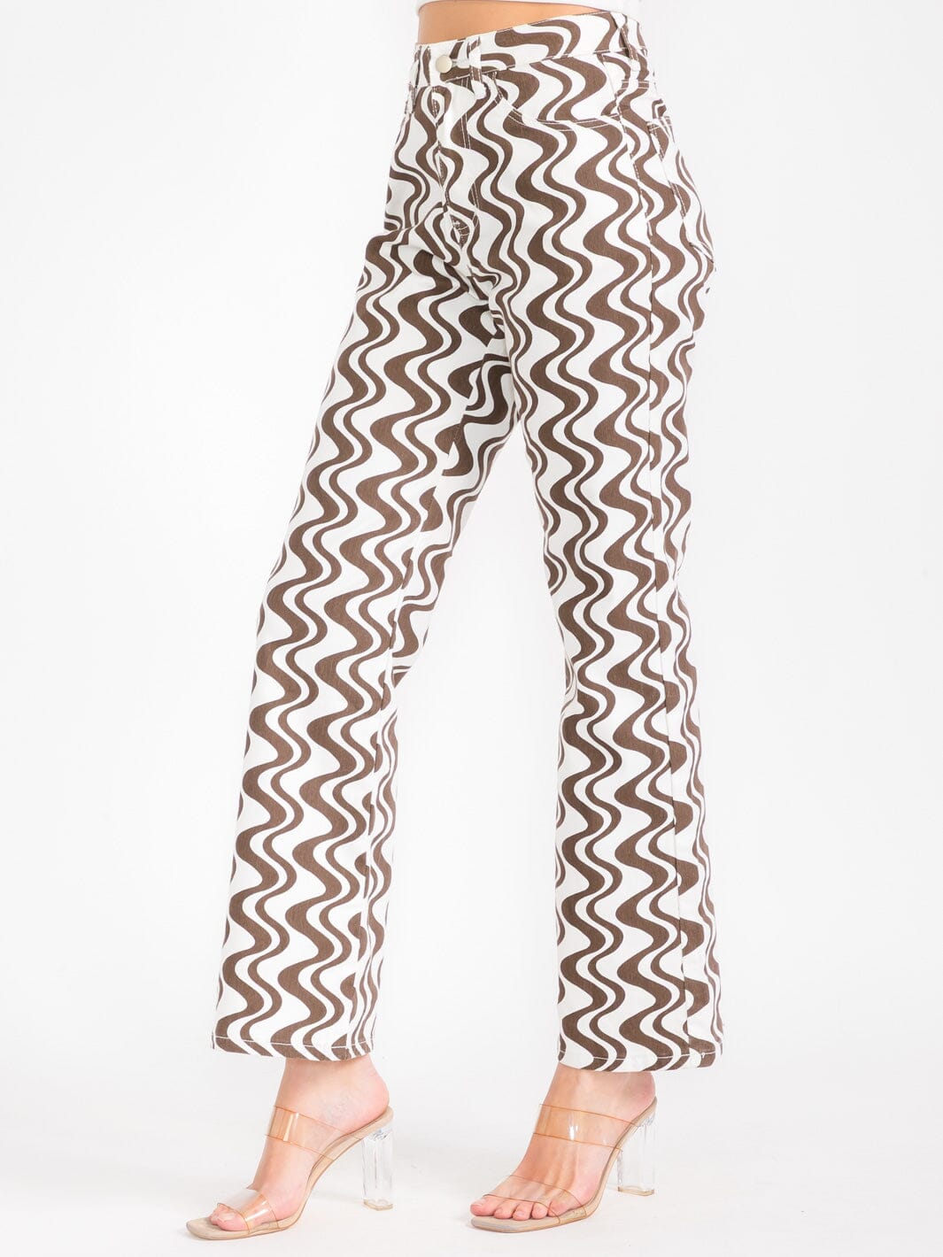 WOMEN'S BUTTON CLOSURE POCKETS PRINTED WIDE LEG PANTS