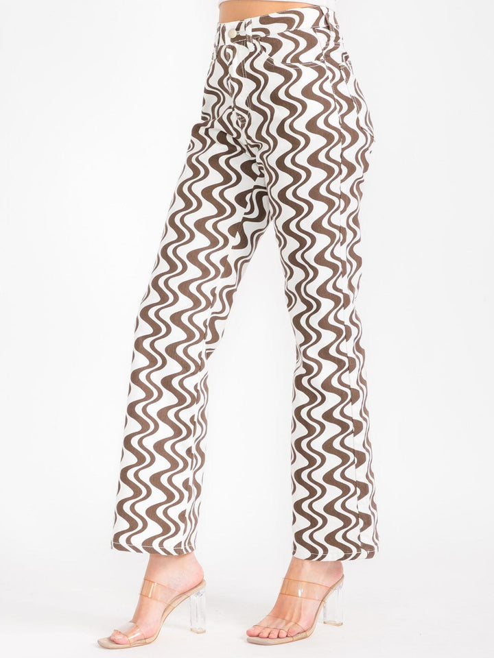 WOMEN'S BUTTON CLOSURE POCKETS PRINTED WIDE LEG PANTS