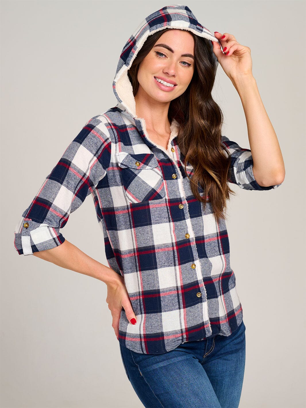 WOMEN'S LONG SLEEVE FRONT POCKET BUTTON UP SHERPA HOODED PLAID SHIRT