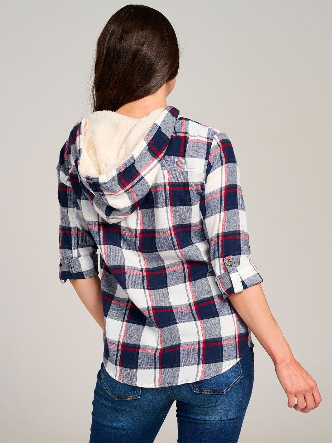 WOMEN'S LONG SLEEVE FRONT POCKET BUTTON UP SHERPA HOODED PLAID SHIRT