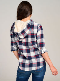 WOMEN'S LONG SLEEVE FRONT POCKET BUTTON UP SHERPA HOODED PLAID SHIRT
