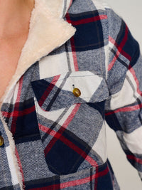 WOMEN'S LONG SLEEVE FRONT POCKET BUTTON UP SHERPA HOODED PLAID SHIRT
