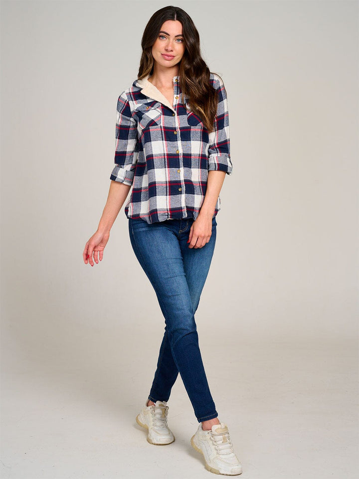 WOMEN'S LONG SLEEVE FRONT POCKET BUTTON UP SHERPA HOODED PLAID SHIRT