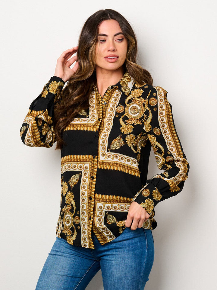 WOMEN'S LONG SLEEVE BUTTON UP MULTI PRINT BLOUSE TOP