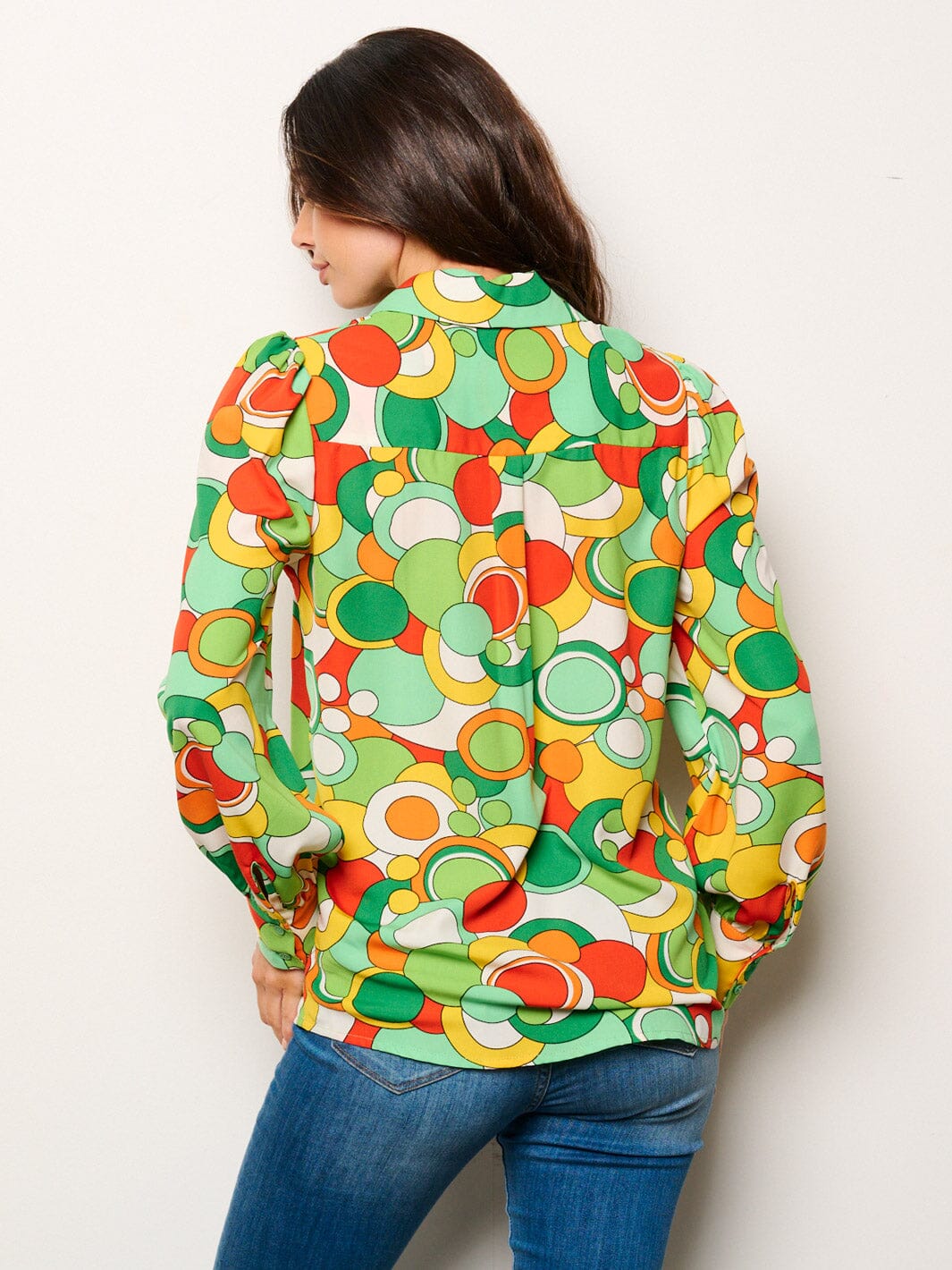 WOMEN'S LONG SLEEVE BUTTON UP MULTI PRINT BLOUSE TOP