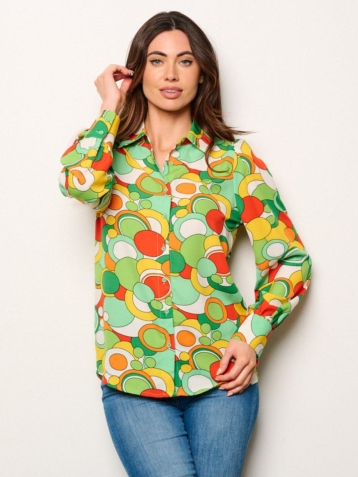 WOMEN'S LONG SLEEVE BUTTON UP MULTI PRINT BLOUSE TOP