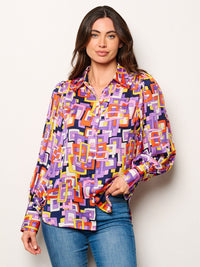 WOMEN'S LONG SLEEVE BUTTON UP MULTI PRINT BLOUSE TOP