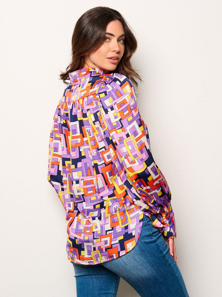 WOMEN'S LONG SLEEVE BUTTON UP MULTI PRINT BLOUSE TOP