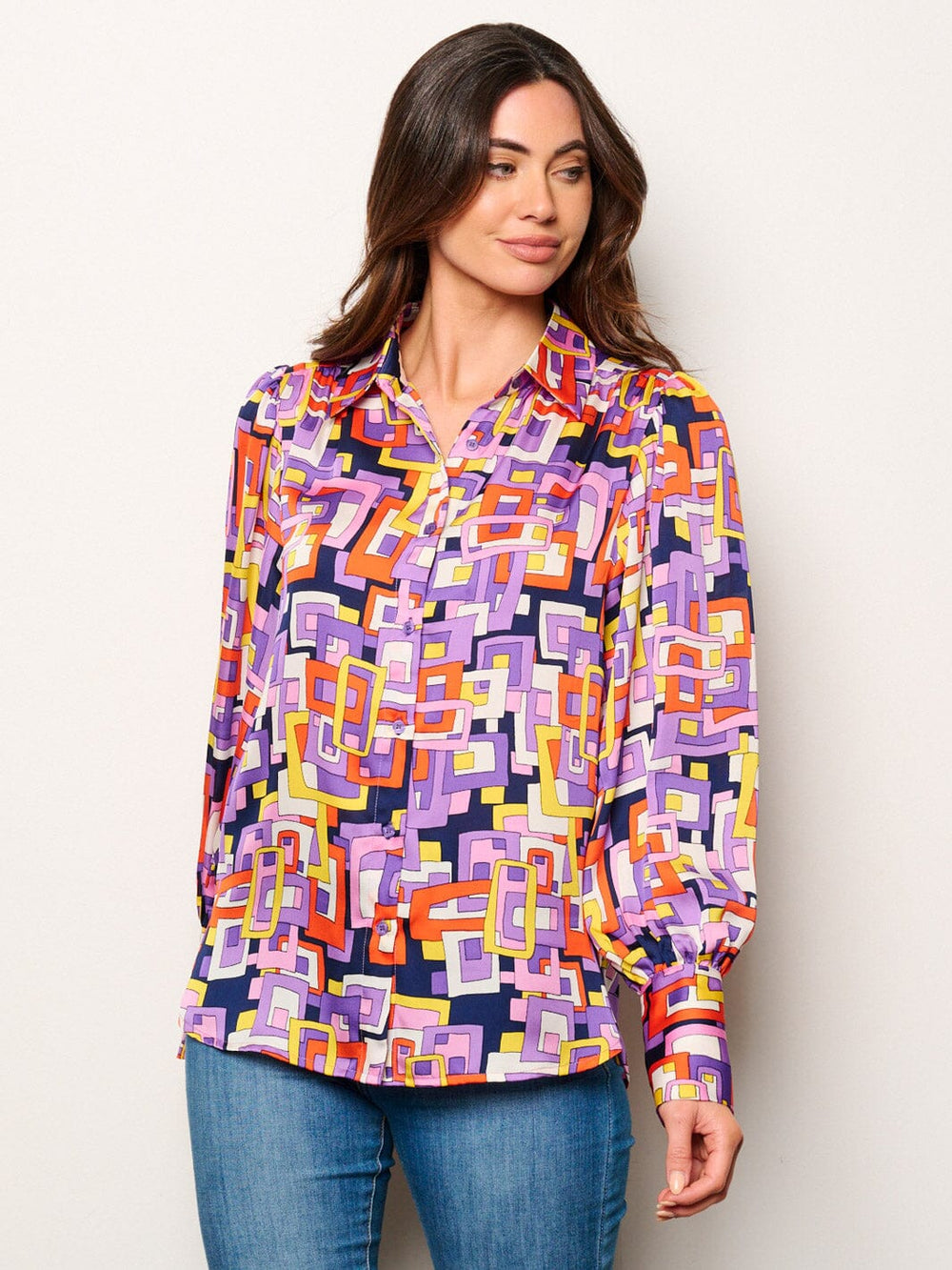 WOMEN'S LONG SLEEVE BUTTON UP MULTI PRINT BLOUSE TOP