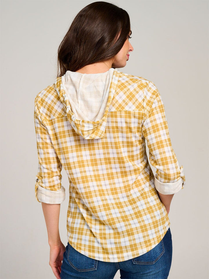 WOMEN'S LONG SLEEVE FRONT POCKET BUTTON UP HOODED PLAID SHIRT