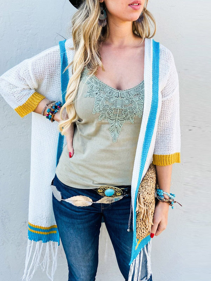 WOMEN'S SHORT SLEEVE OPEN FRONT FRINGE DETAILED HOODED CARDIGAN