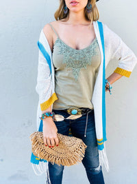 WOMEN'S SHORT SLEEVE OPEN FRONT FRINGE DETAILED HOODED CARDIGAN