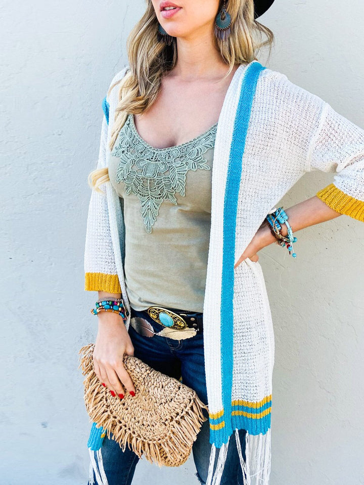 WOMEN'S SHORT SLEEVE OPEN FRONT FRINGE DETAILED HOODED CARDIGAN