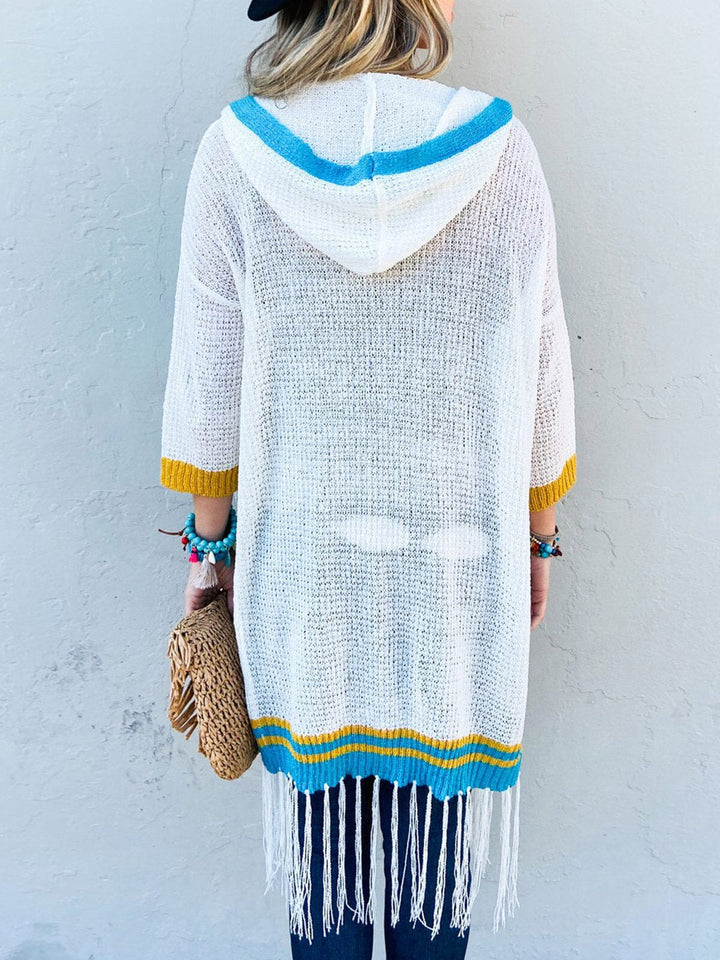 WOMEN'S SHORT SLEEVE OPEN FRONT FRINGE DETAILED HOODED CARDIGAN
