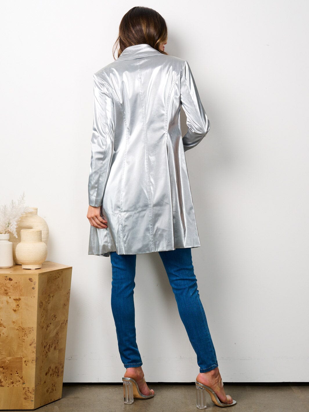 WOMEN'S LONG SLEEVE BUTTON CLOSURE PU PLEATHER COAT