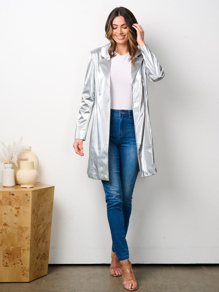 WOMEN'S LONG SLEEVE BUTTON CLOSURE PU PLEATHER COAT