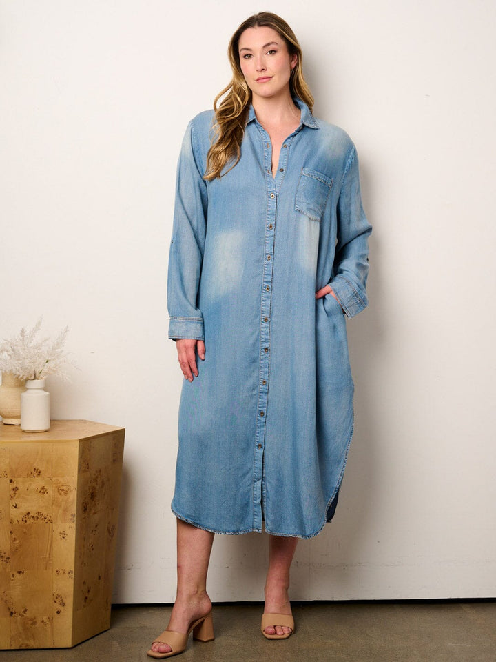 PLUS SIZE LONG BUTOON UP WASHED DENIM TUNIC MAXI DRESS