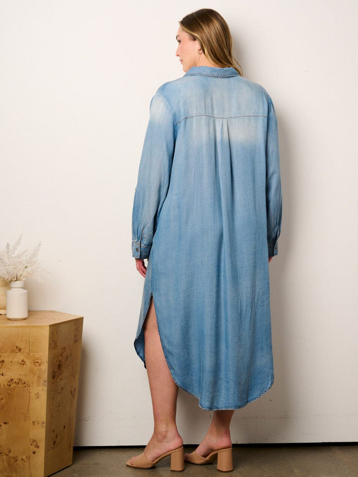 PLUS SIZE LONG BUTOON UP WASHED DENIM TUNIC MAXI DRESS