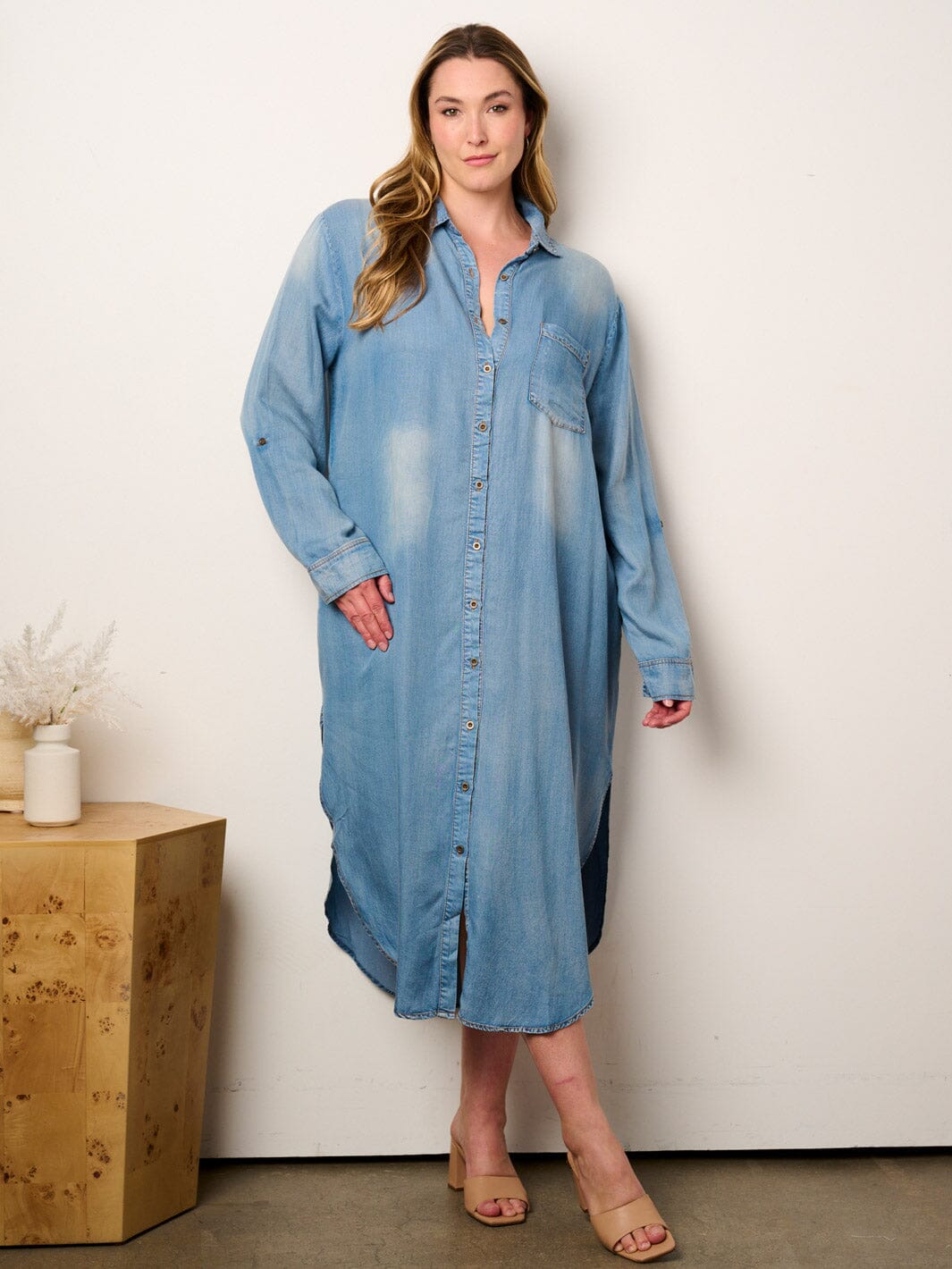 PLUS SIZE LONG BUTOON UP WASHED DENIM TUNIC MAXI DRESS