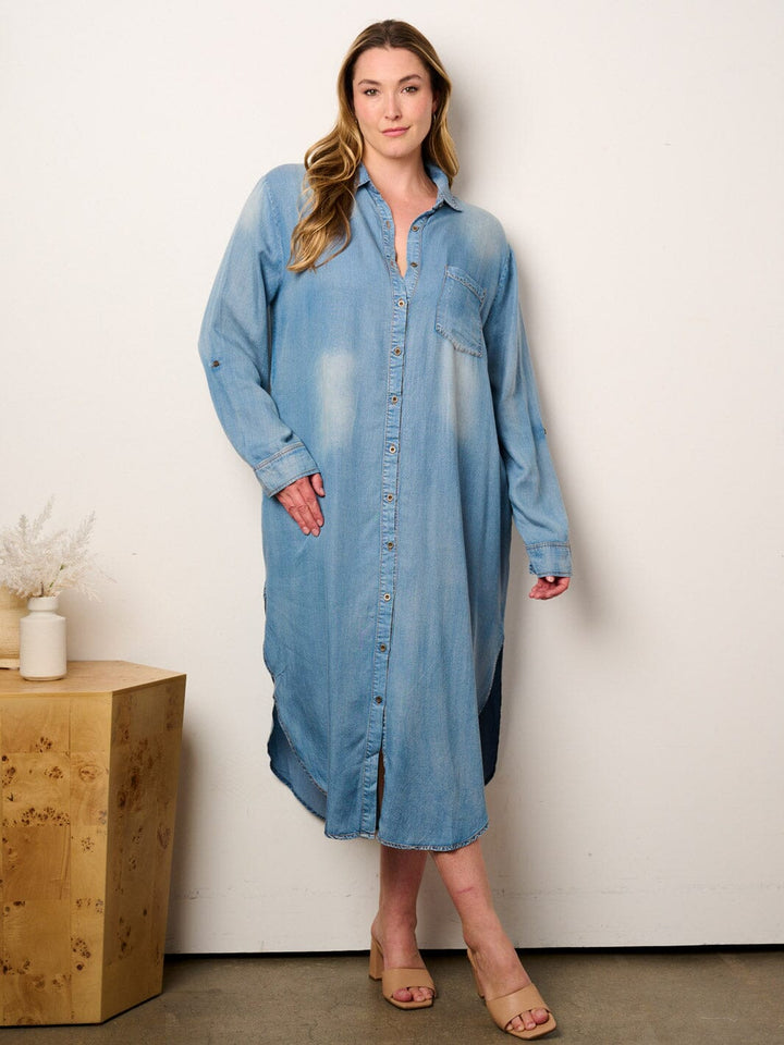 PLUS SIZE LONG BUTOON UP WASHED DENIM TUNIC MAXI DRESS