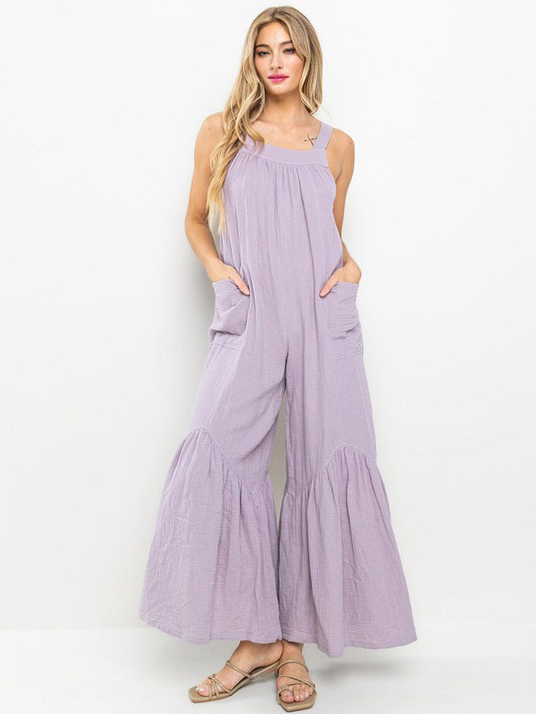 WOMEN'S SLEEVELESS OPEN BACK TIERED FRONT POCKETS WIDE LEG JUMPSUIT