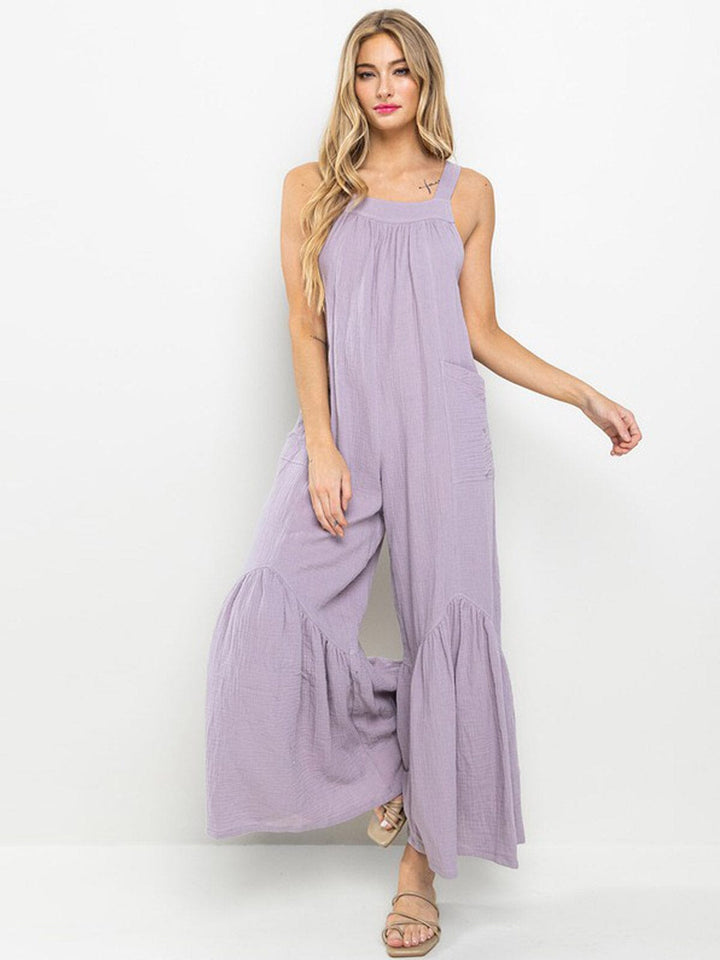 WOMEN'S SLEEVELESS OPEN BACK TIERED FRONT POCKETS WIDE LEG JUMPSUIT