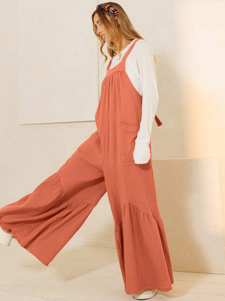 WOMEN'S SLEEVELESS OPEN BACK TIERED FRONT POCKETS WIDE LEG JUMPSUIT