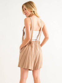 WOMEN'S SLEEVELESS FRONT POCKET LINEN OVERALL ROMPER
