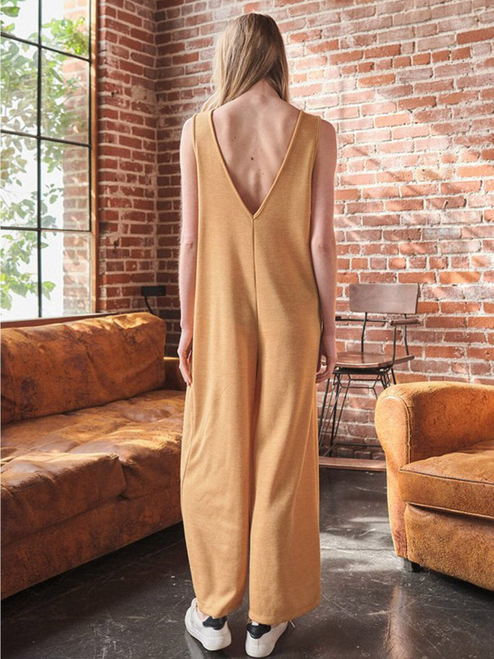 WOMEN'S SLEEVELESS V-NECK FRONT POCKETS WIDE LEG JUMPSUIT