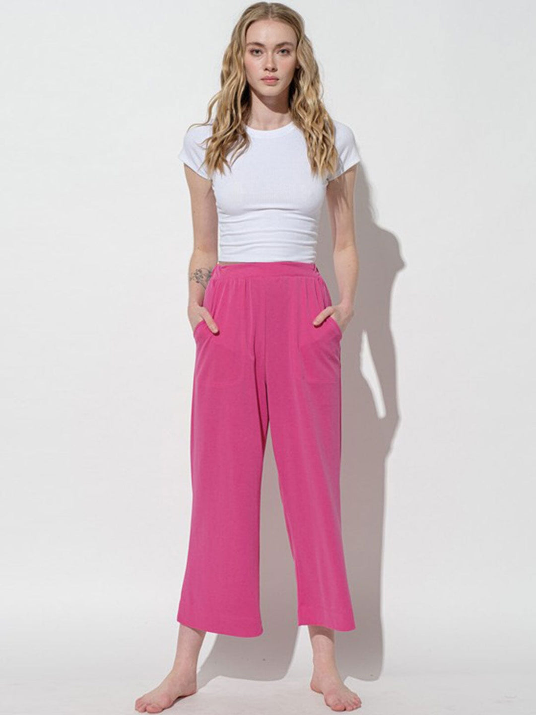 WOMEN'S ELASTIC WAIST FRONT POCKETS WIDE LEG PANTS