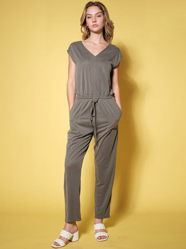 WOMEN'S SHORT SLEEVE FRONT POCKETS V-NECK ADJUSTABLE WAIST JUMPSUIT