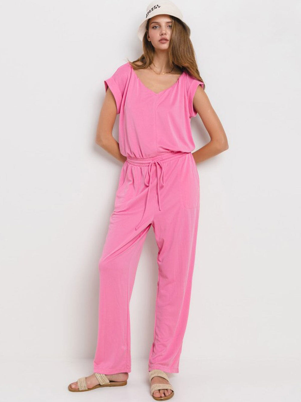 WOMEN'S SHORT SLEEVE FRONT POCKETS V-NECK ADJUSTABLE WAIST JUMPSUIT