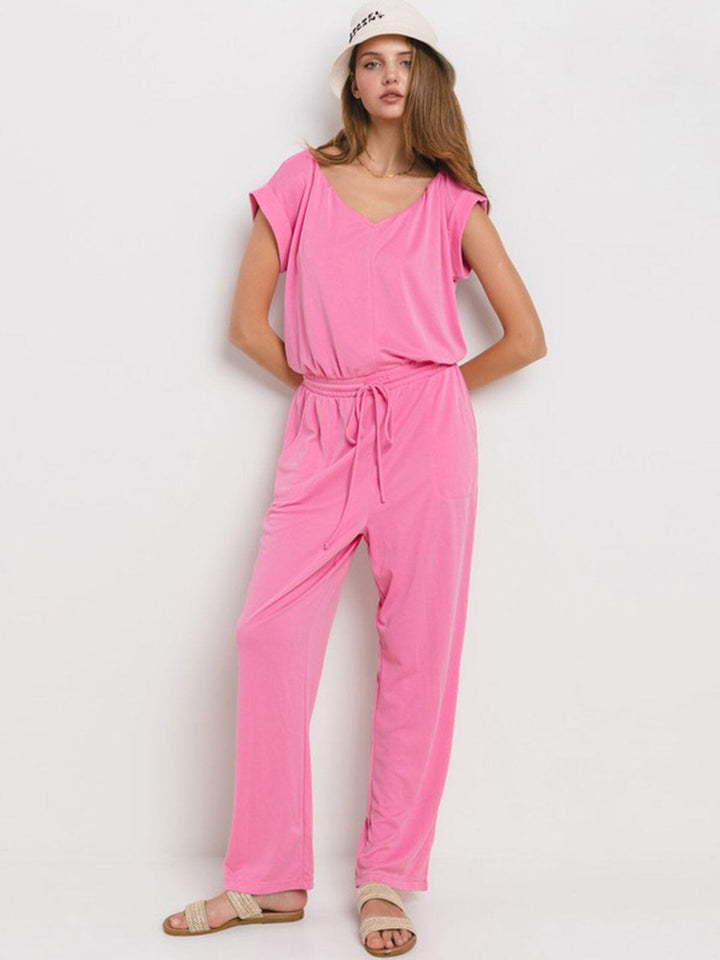 WOMEN'S SHORT SLEEVE FRONT POCKETS V-NECK ADJUSTABLE WAIST JUMPSUIT