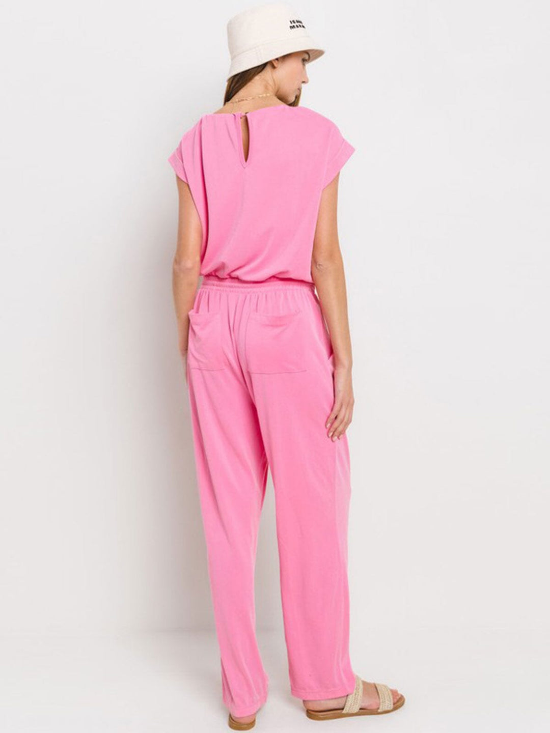 WOMEN'S SHORT SLEEVE FRONT POCKETS V-NECK ADJUSTABLE WAIST JUMPSUIT