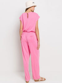 WOMEN'S SHORT SLEEVE FRONT POCKETS V-NECK ADJUSTABLE WAIST JUMPSUIT